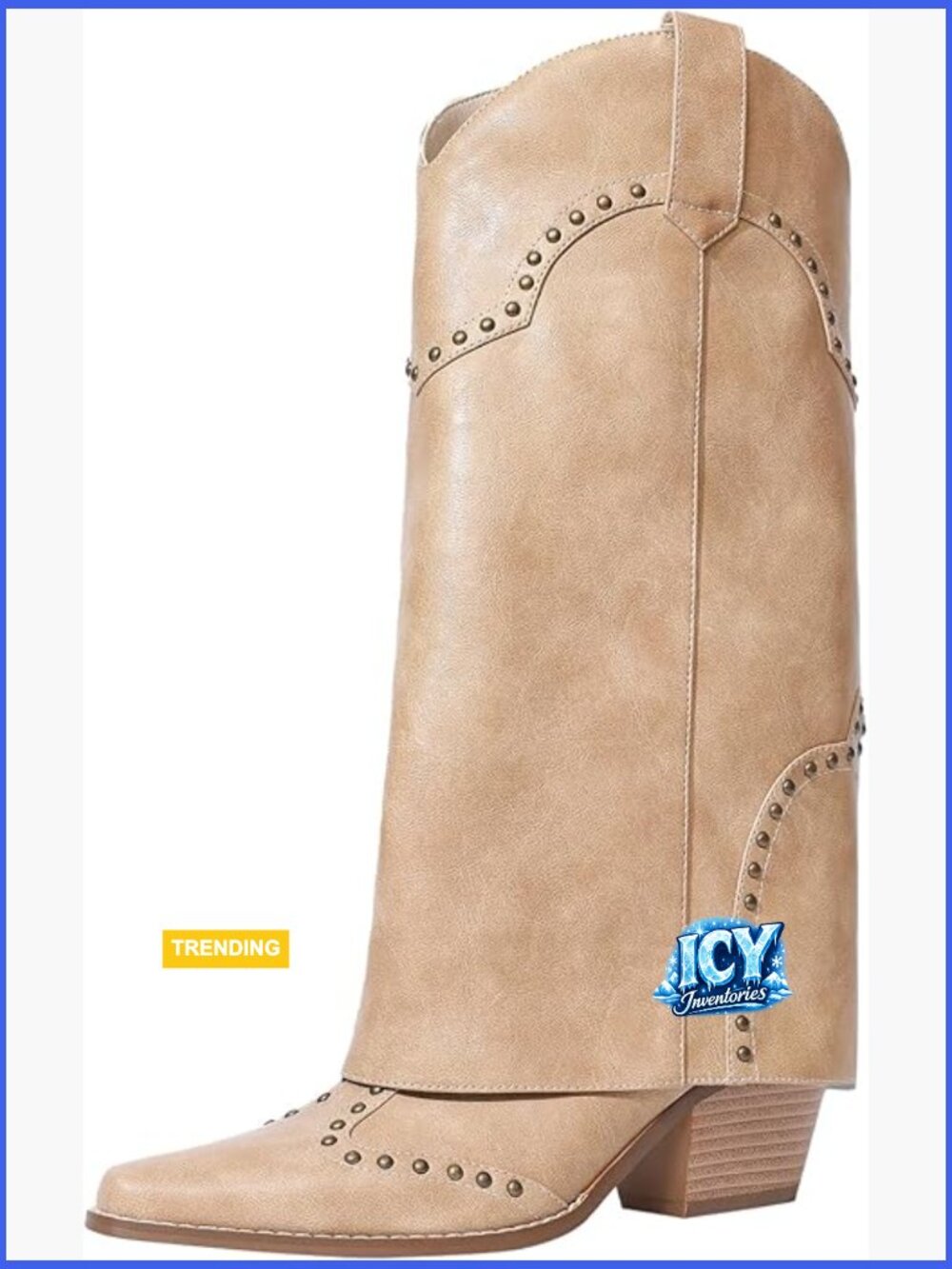 Fold Over Studded Chunky Heel Snip Toe Pull On Knee High Western Cowboy Boots